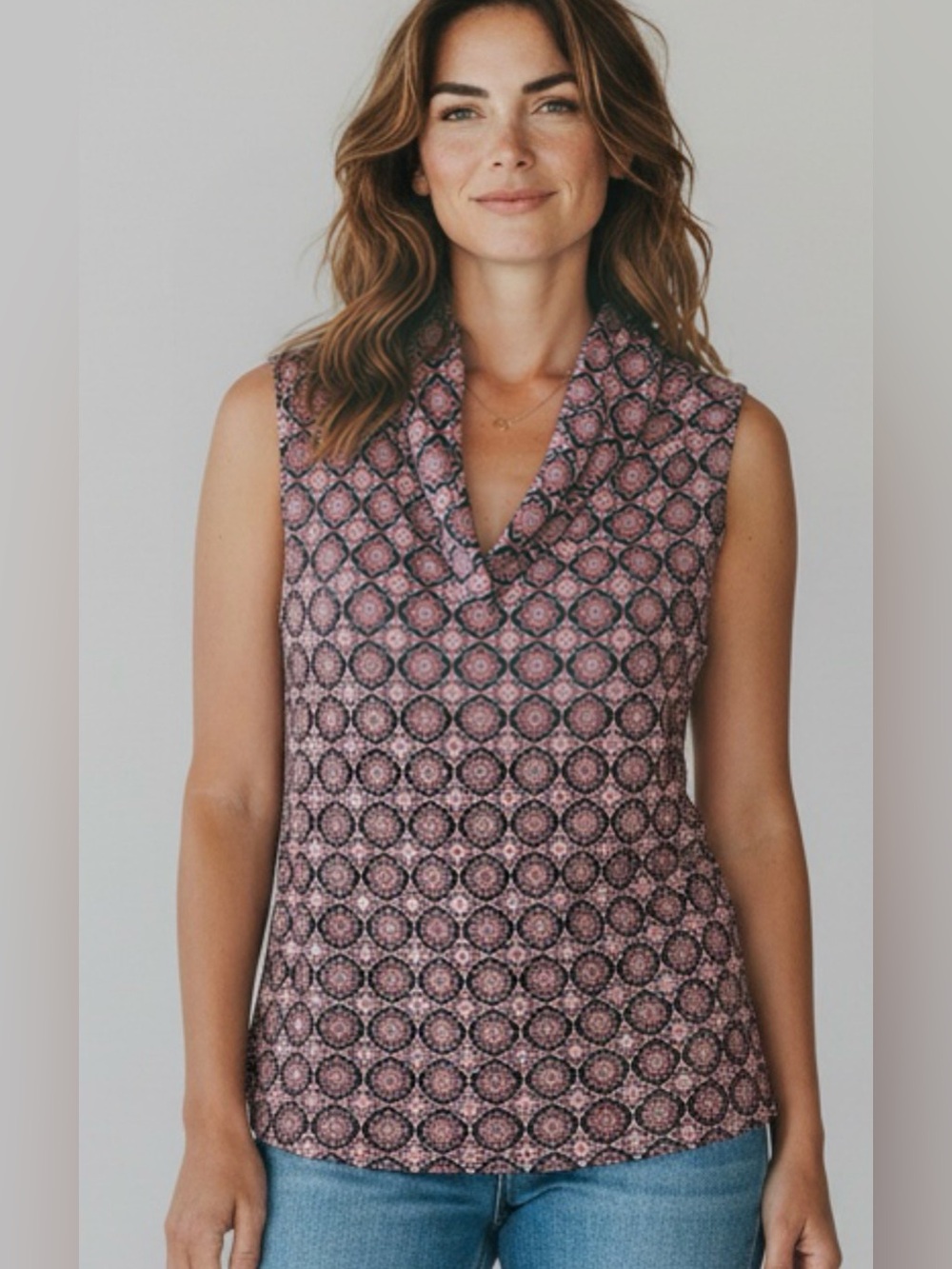 Jones New York Pink Patterned Sleeveless Cowl Neck Top